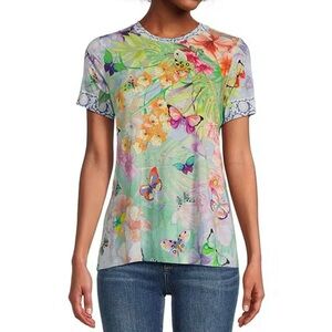 Johnny Was Bamboo Knit Printed Crew Neck Short Sleeve Tee